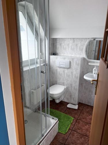 a bathroom with a toilet and a glass shower at Szyper 2 in Jastarnia