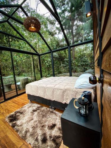 a room with a bed in a glass house at Oasis Blue Oxapampa in Palmira