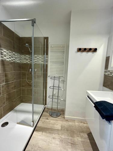 a bathroom with a shower and a sink at Lovely Normandy - Appt en centre ville de Bayeux in Bayeux
