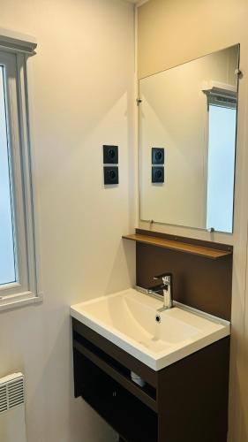 une salle de bain avec un lavabo et un miroir dans l'établissement L'Oasis des Pins, à Sète