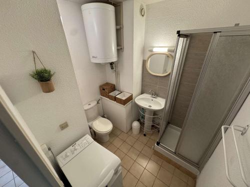 une petite salle de bain avec toilettes et lavabo dans l'établissement Charmant T3 climatisé avec parking, piscine, tennis, à 200m des plages et commerces - FR-1-316-21, à Six-Fours-les-Plages