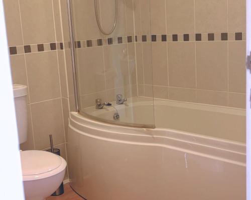 a bathroom with a shower and a toilet and a tub at Honeysuckle Cottage in Killean