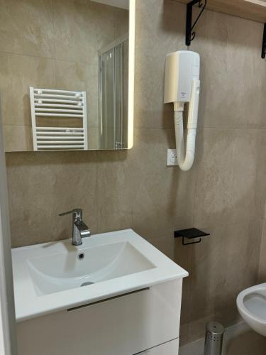 une salle de bain avec un lavabo et un miroir et des toilettes dans l'établissement Central Paris Studio Clery 3 Walk to Marais Louvre, à Paris