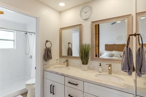 a bathroom with two sinks and a mirror at 1 Mi to Coast Family-Friendly Gem in Solana Beach in Solana Beach