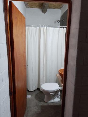 a bathroom with a toilet and a white shower curtain at Casa La Candelaria in Tilcara