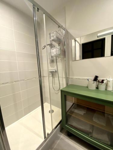 une salle de bain avec douche et comptoir vert dans l'établissement Baiona Appart lumineux, à Bayonne