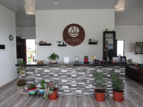 a restaurant with potted plants in front of a counter at Nido Acacias Cabaña espectacular Colibrí in Acacías