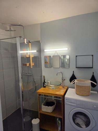 La salle de bains est pourvue d'un lave-linge et d'une douche. dans l'établissement Charmant studio terrasse avec vue, plein sud, à Nîmes