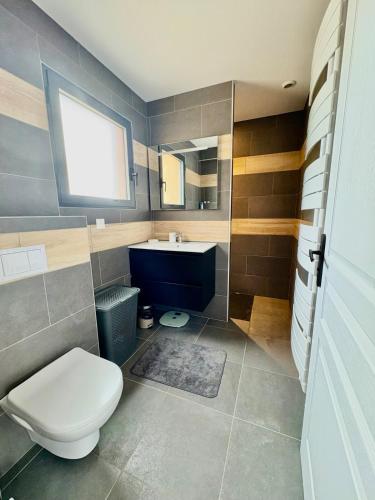 une salle de bain avec toilettes et lavabo dans l'établissement Place des Ormes 6p Apartment, à Mimizan