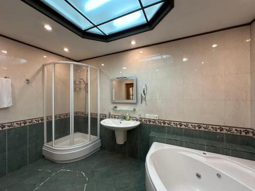 a bathroom with a sink and a tub and a shower at Elegant Stay apart by Bakuapart in Baku