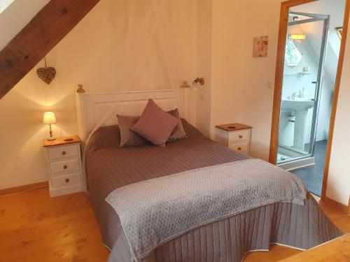 une chambre avec un lit et un grand miroir dans l'établissement Moros, à Melgven