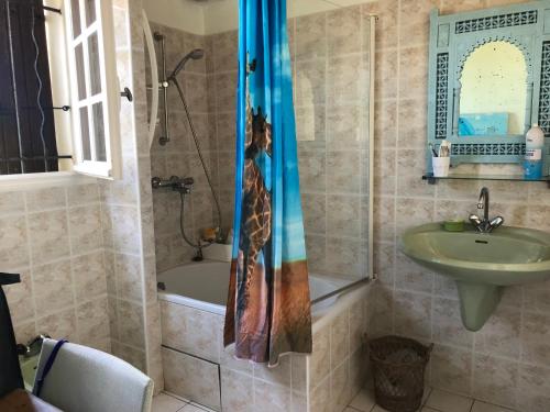 La salle de bains est pourvue d'une douche avec un rideau de douche. dans l'établissement Agréable maison de vacances, à Saint-Georges-dʼOléron