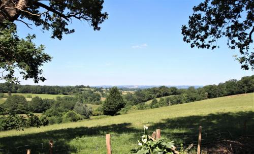 a field of green grass with a fence and trees at Etchechoury in Moncayolle-Larrory-Mendibieu