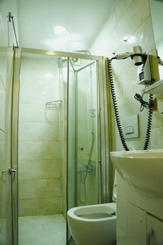 a bathroom with a shower and a toilet and a sink at Family Hotel Taksim in Istanbul