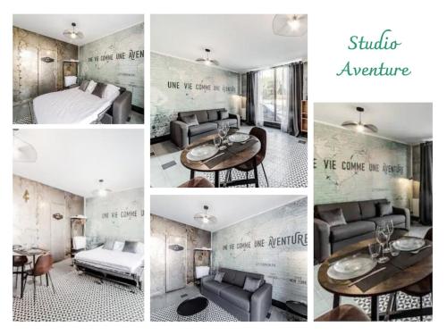 un collage de photos d'une chambre avec un lit et une table dans l'établissement Studio AVENTURE - Le Méridien #Lave-vaisselle #Wifi #Ventilateur, à Charbonnières-les-Bains