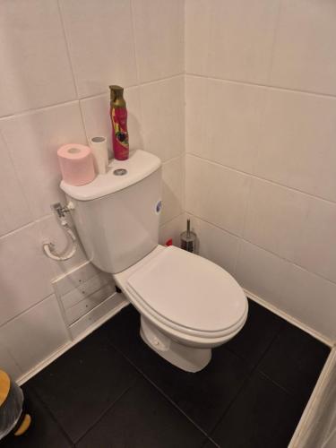 une salle de bain avec des toilettes blanches dans une chambre dans l'établissement L'ébène-Grand T2-Raffiné-en Rez de Chaussée, à Saint-Gaudens