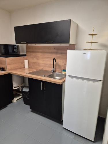 une cuisine avec un réfrigérateur blanc et un évier dans l'établissement L'ébène-Grand T2-Raffiné-en Rez de Chaussée, à Saint-Gaudens