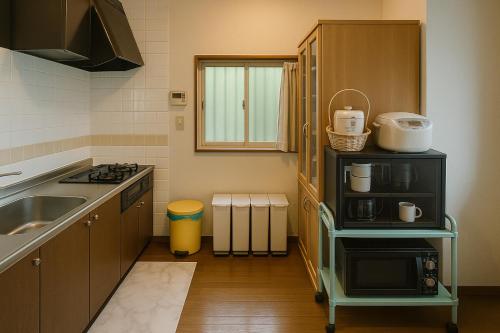 a small kitchen with a sink and a counter at 森の中で仲間や家族とゆっくり過ごせる温泉付コテージ 会員制別荘地で広大なプライベート空間 ペット可 那須高原りんどうハウス in Nasu