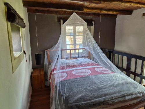 une chambre avec un lit avec moustiquaire dans l'établissement L'herbe est plus verte, à Beynat