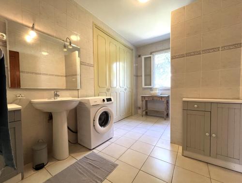 une salle de bain avec un lavabo et une machine à laver dans l'établissement FURIANI Appartement avec Piscine dans Villa, à Furiani