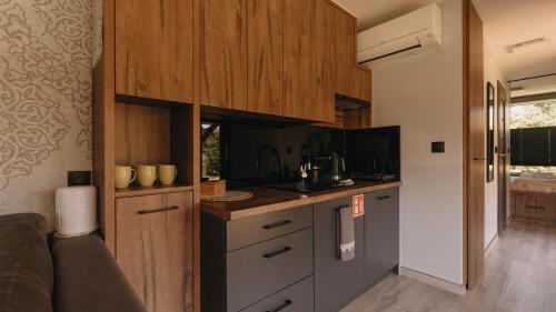 a kitchen with wooden cabinets and a counter top at Woodbox Istebna in Istebna