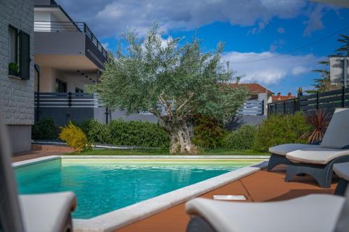 a swimming pool with chairs and a tree next to a house at Villa Laura in Krnica