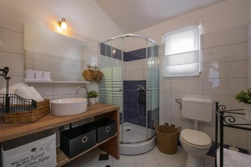 a bathroom with a shower and a toilet and a sink at Villa Laura in Krnica