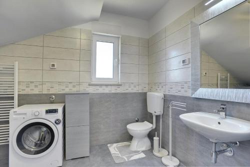 ein Badezimmer mit Waschmaschine und Waschbecken in der Unterkunft Holiday Home Baldini in Banjole