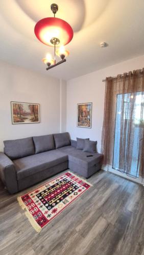 a living room with a couch and a rug at Travelers' Korça Home in Korçë