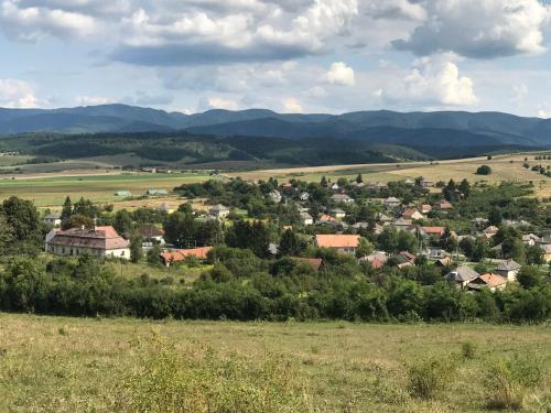 a village in a field with mountains in the background at Zöld Vendégház in Csernely
