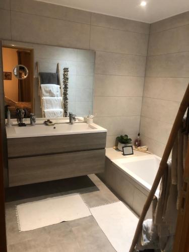une salle de bain avec une baignoire, un lavabo et un miroir dans l'établissement Vue mer appartement duplex en bas de maison, à Mougins