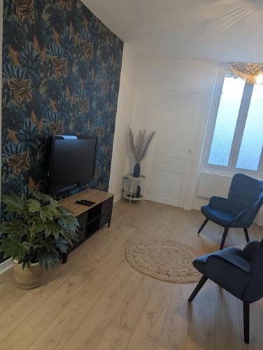 un salon avec une télévision à écran plat et une chaise dans l'établissement Le petit cocon de Montrond, à Montrond-les-Bains