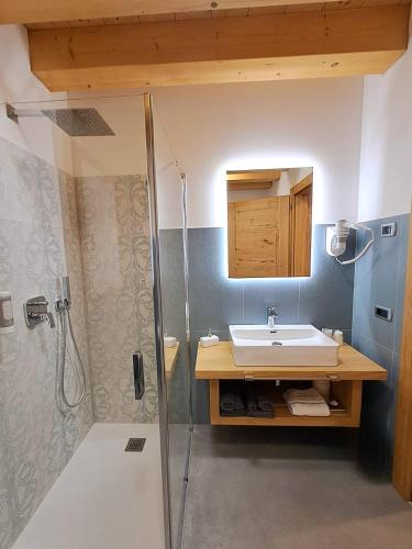 a bathroom with a sink and a shower at Agrialloggio Cantina Piccolin in Valdobbiadene