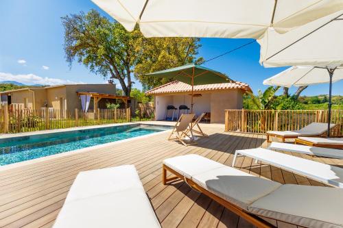 - une piscine avec des chaises et des parasols à côté d'une maison dans l'établissement Casamea - Suite U Sognu, à Talasani