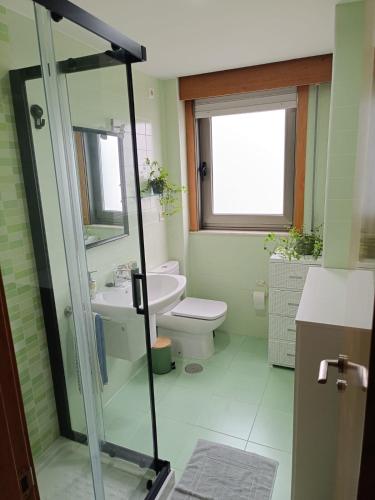 a bathroom with a toilet and a sink and a shower at Estudio Centro A Guarda in A Guarda