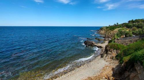an aerial view of the ocean and a beach at Les Meublés de la Corniche in Argelès-sur-Mer