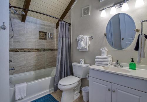 a bathroom with a toilet and a sink and a mirror at Lake View Cabin Incredible Panoramic Views, Spa in Sevierville