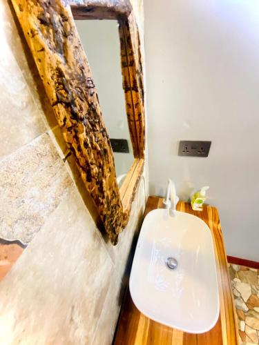 a bathroom with a white sink and a mirror at Lucky Monkey Lodge in Arusha