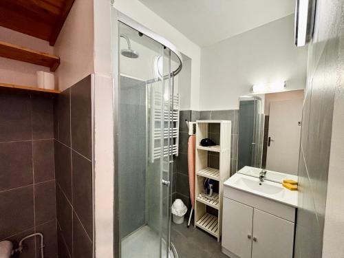 une salle de bain avec douche et lavabo dans l'établissement Casamea - Studio, Terrasse, 5 min plage, Clim, à Ajaccio