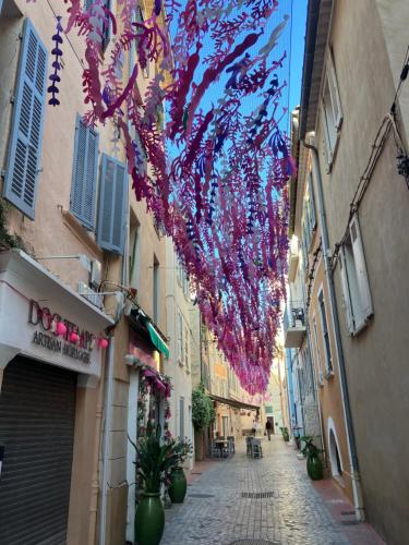 a street with a bunch of streamers hanging from buildings at emplacement idéal, vue mer, parking offert in Sanary-sur-Mer