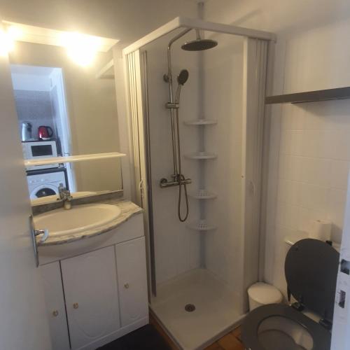 une salle de bain avec une douche, des toilettes et un lavabo dans l'établissement Location saisonnière, à Talmont-Saint-Hilaire