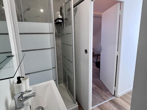 une salle de bain avec un lavabo et une douche en verre dans l'établissement Le Studio des Parcs, à Amiens