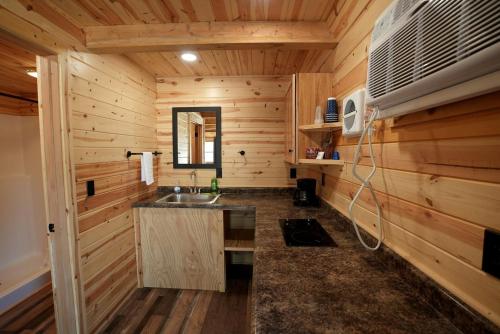 eine Küche mit einem Waschbecken in einer Holzhütte in der Unterkunft Delightful Cabin with Landscape Views in South Dakota in Rockerville