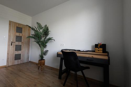 a desk with a chair and a potted plant in a room at Pool Villa Mukařov in Srbín
