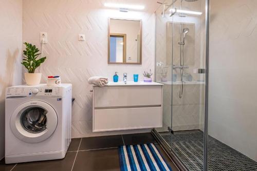 a bathroom with a washing machine and a shower at Füred Luxury Apartman with private pool in Balatonfüred