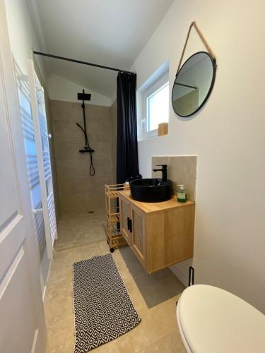une salle de bain avec un lavabo et un miroir dans l'établissement Gite de charme trois chambres au pied des marais grand jardin, à LʼÎle-dʼOlonne