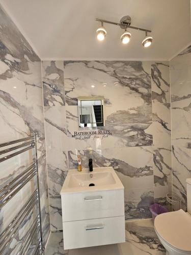 a bathroom with a sink and a mirror on a wall at Allan & Ella House in Perth