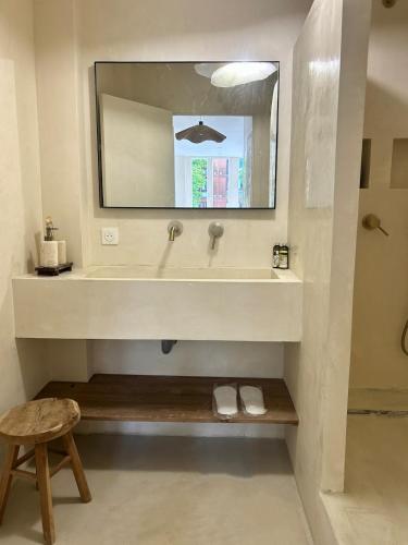 une salle de bain avec un lavabo et un miroir dans l'établissement Évasion balinaise, à Jouy-en-Josas