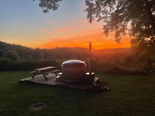 a grill and picnic table with a sunset in the background at Charme de Fays in Harre