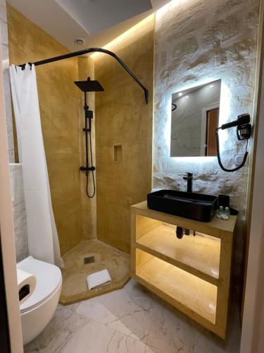 une salle de bain avec un lavabo, une douche et des toilettes dans l'établissement Cozy Loft Montmartre Place des Abbesses Sacré Cœur, à Paris